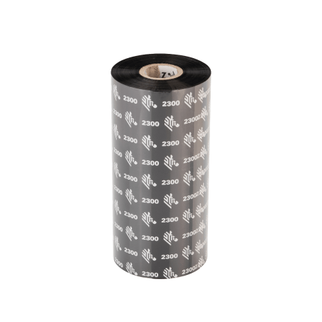 A roll of black adhesive tape with a white repeating logo pattern and the number 2300, wound on a cardboard core.