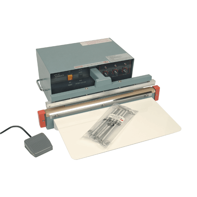 AI Sealer machine for thermoplastic film sealing, featuring electronic controls and available in, 450mm, and 600mm lengths.