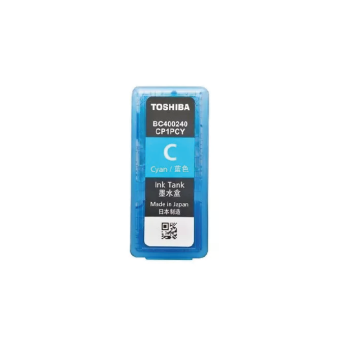 Toshiba cyan ink tank on a white background