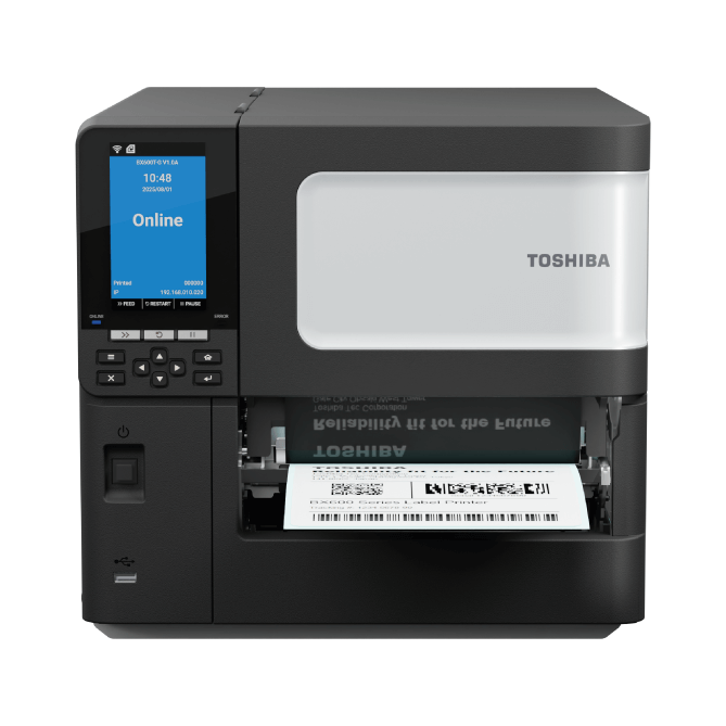 Toshiba label printer with label being printed on a white background