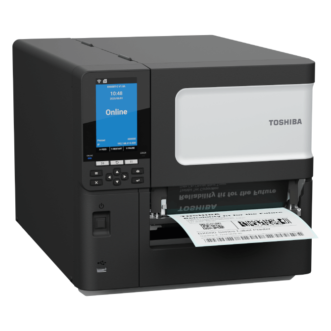 Toshiba label printer with a digital display on a white background