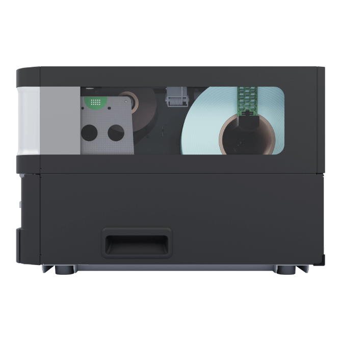 Black electronic device with a transparent front panel on a white background