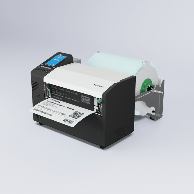 Label printer with label roll on a light gray background