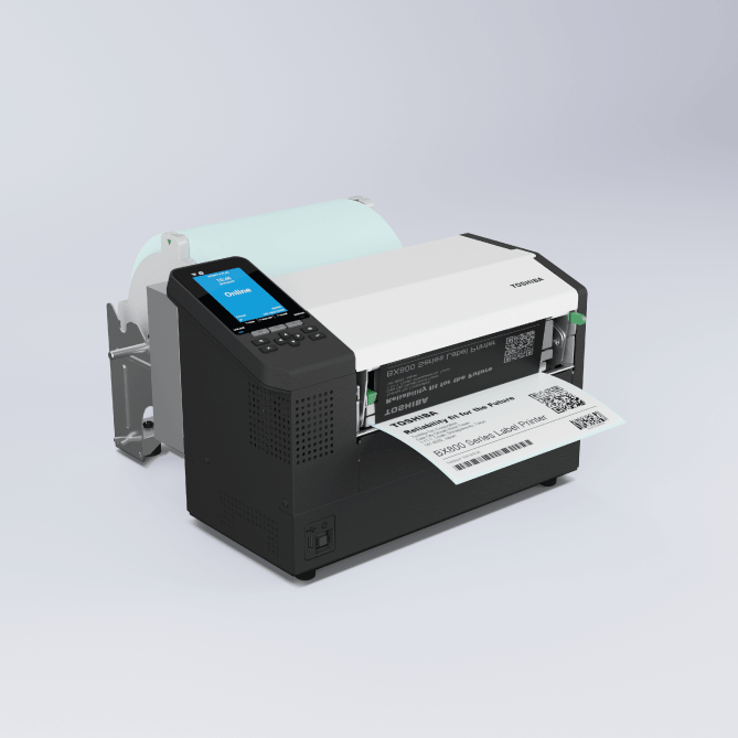 Label printer with a roll of paper on a light gray background