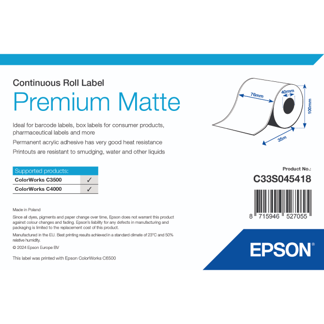 76mm x 35m Inkjet Premium Matte Paper Label, Permanent Adh. (38mm Core/100mm OD)