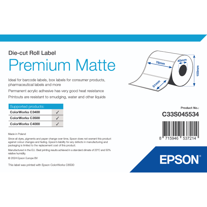 Epson premium matte continuous roll label packaging with product details.