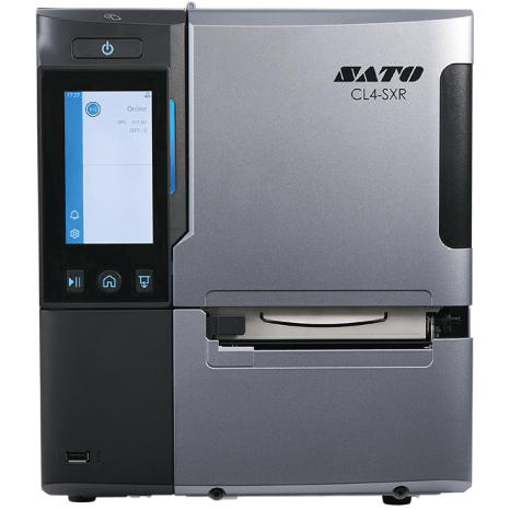 A silver and black SATO CL4-SXR industrial label printer with a front display screen, shown on a plain white background.