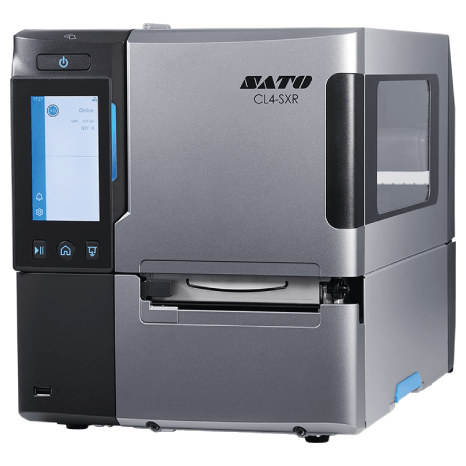 A silver and black SATO CL4-SXR industrial label printer with a front display screen, shown on a plain white background.