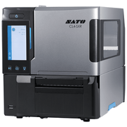 A SATO CL4-SXR desktop 3D printer shown from a three-quarter angle, featuring a metallic silver and black body, a touch screen interface on the left, and a paper tray drawer at the bottom.