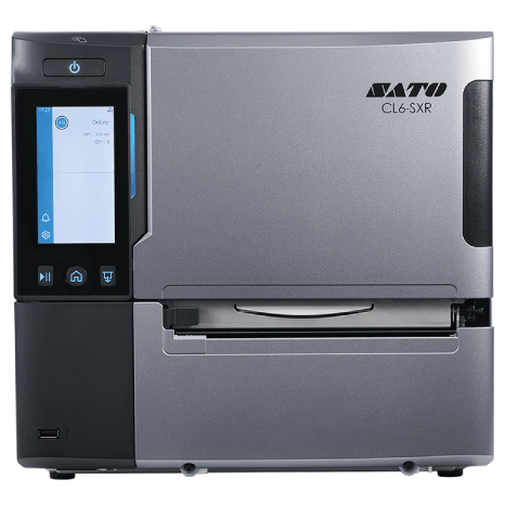 A silver and black SATO CL4-SXR industrial label printer with a front display screen, shown on a plain white background.