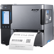 A silver and black SATO CL4-SXR industrial label printer with a front display screen and a white label being printed, shown on a plain white background.