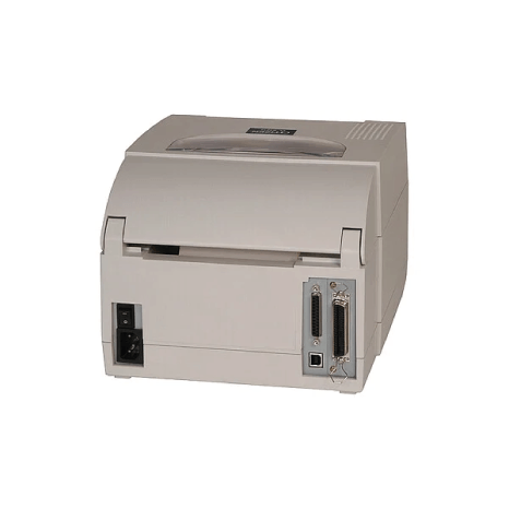 A compact beige industrial receipt printer photographed from the back angle against a plain white background.