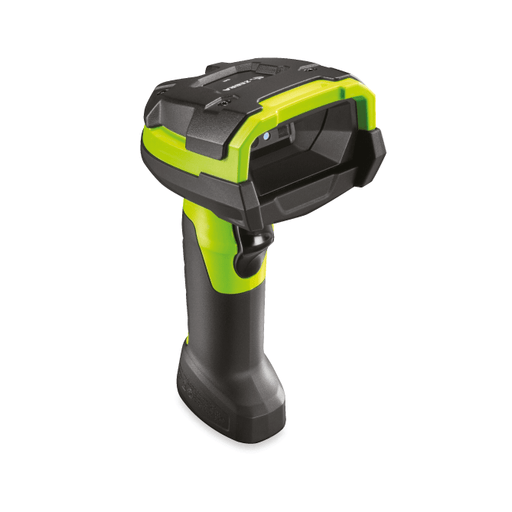 Black and green barcode scanner on a white background