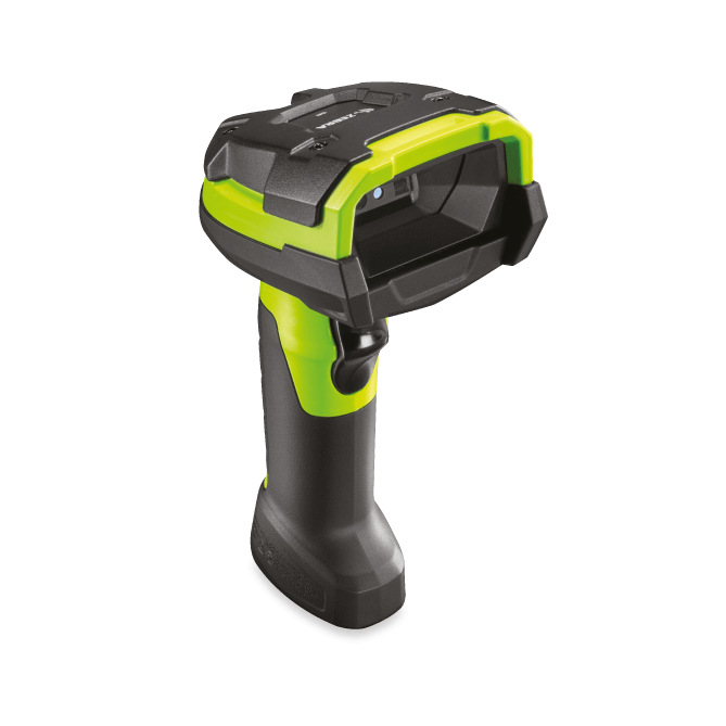 Black and green barcode scanner on a white background