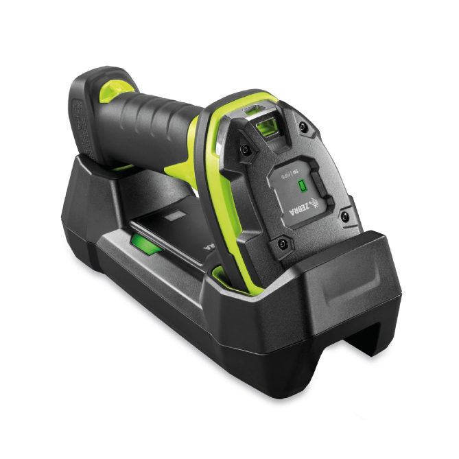 Black and green power tool charger on a white background