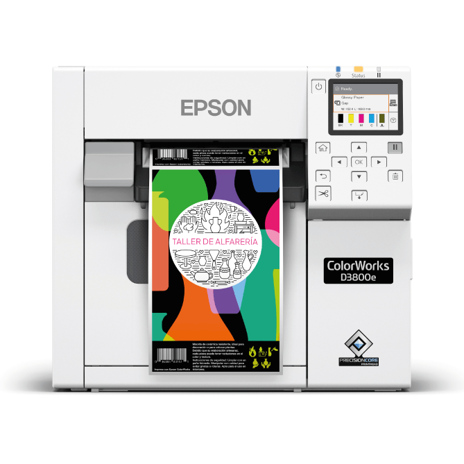 Epson ColorWorks D3800e front view with a label on a white background