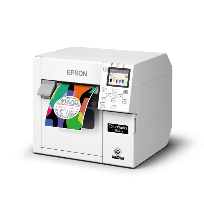 Epson label printer with a colorful label on a white background