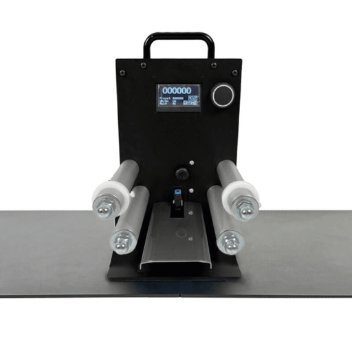 Black printing press machine with digital display on a white background