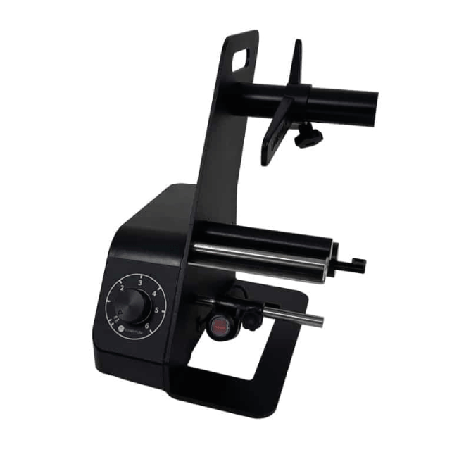 Black metal clamp or holder on a white background