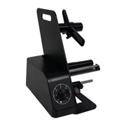 Black metal stand with adjustable arms on a white background