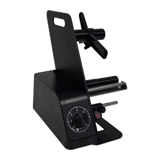 Black metal stand with adjustable arms on a white background