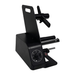 Black metal stand with adjustable arms on a white background