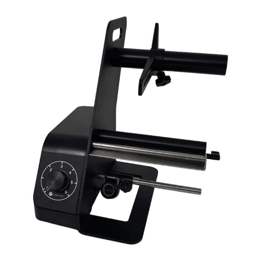 Black metal tool with adjustable components on a white background