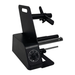 Black metal stand with adjustable arms on a white background
