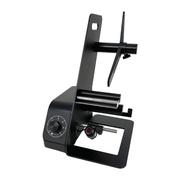 Black metal stand with adjustable arm on a white background