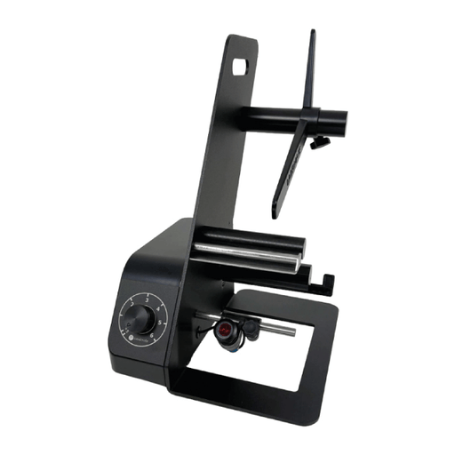 Black metal stand with adjustable arm on a white background