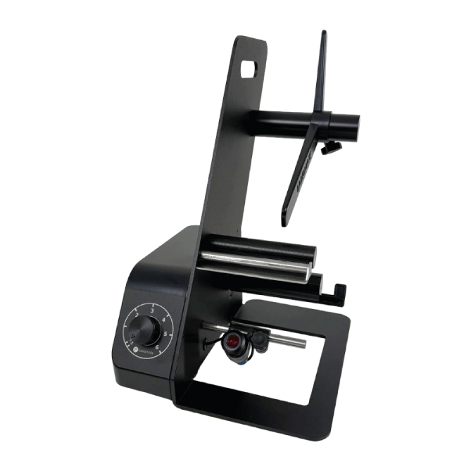 Black metal stand with adjustable arm on a white background