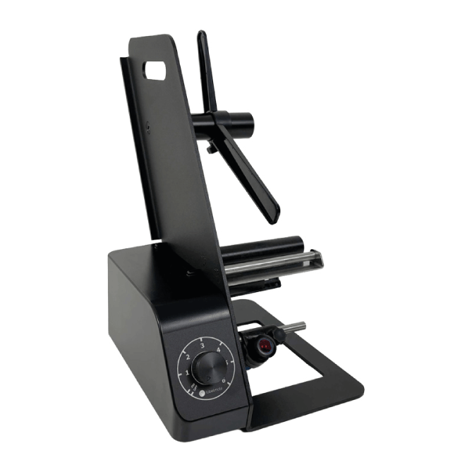 Black wine bottle holder with adjustable stand on a white background
