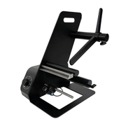 Black metal bracket with various components on a white background