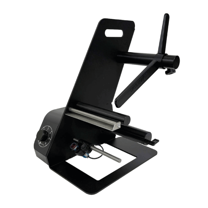 Black metal bracket with various components on a white background