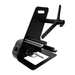Black metal bracket with various components on a white background