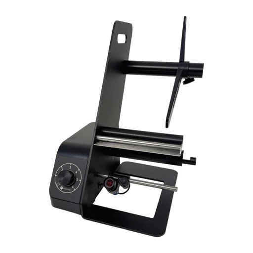 Black metal stand with adjustable arm on a white background