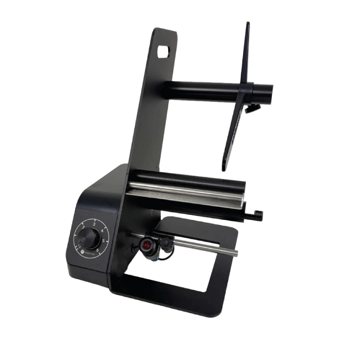 Black metal stand with adjustable arm on a white background