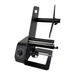 Black metal stand with adjustable arm on a white background