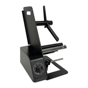 Black metal stand with adjustable arm on a white background