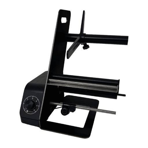 Black metal bracket with adjustable components on a white background