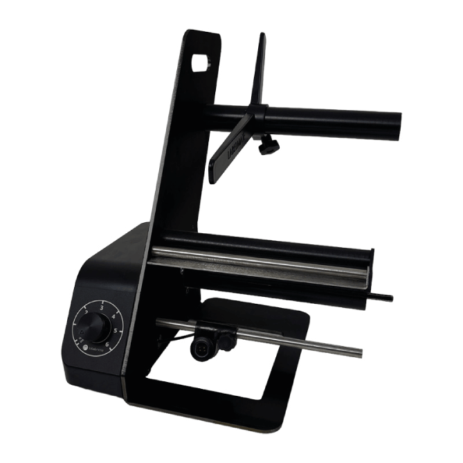 Black metal bracket with adjustable components on a white background