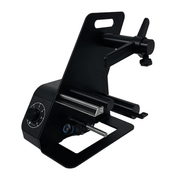 Black metal tool holder with various tools on a white background