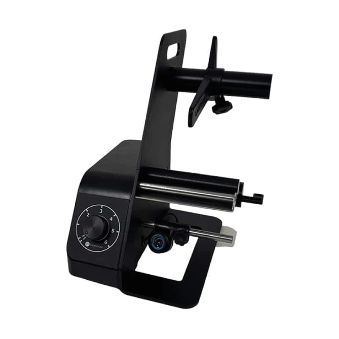 Black metal stand with adjustable arm on a white background