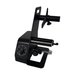 Black metal stand with adjustable arm on a white background
