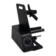 Black metal stand with adjustable arms on a white background