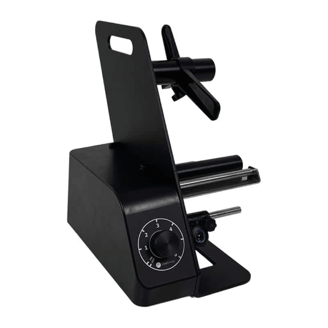 Black metal stand with adjustable arms on a white background