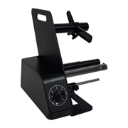 Black metal stand with adjustable arms on a white background