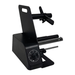 Black metal stand with adjustable arms on a white background