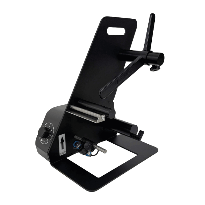 Black metal bracket with various components on a white background