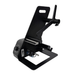 Black metal bracket with various components on a white background